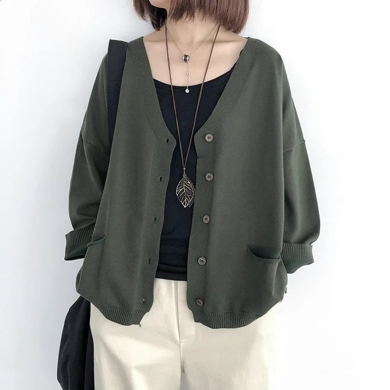 Johnature Women Cardigan Sweaters Solid Color Loose V-Neck Long Sleeve Coats 2025 Autumn Button Pockets Female Sweaters 260917
