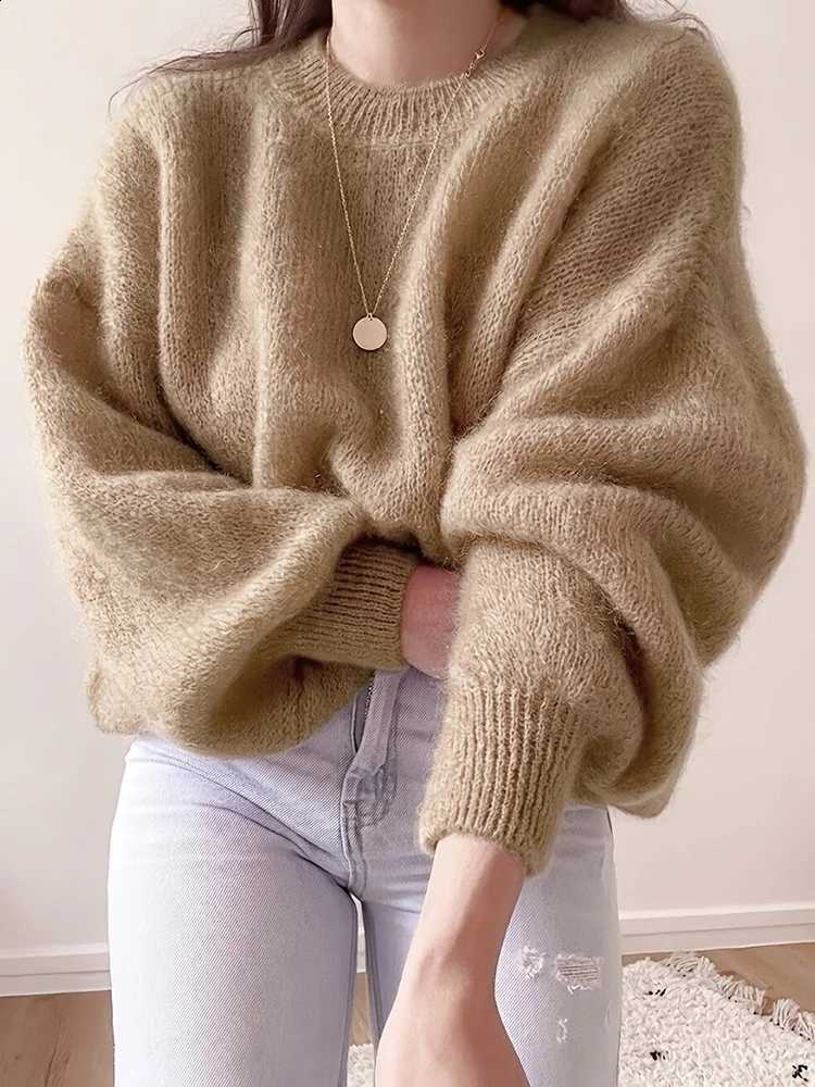 Pullover Casual Fall Winter Jumper Top Women Oversized Fuzzy Knit Sweater Chic Crew Neck Long Lantern Sleeve Loose Soft Sweaters J260916