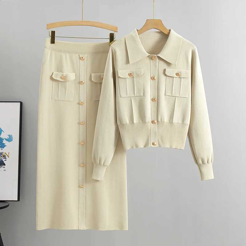 Tops+slim Elegant Office High Sweaters Waist Knitwear Skirts 2 Piece Sets Women New Streetwear Tracksuit Korean Fashion AutumnW260915
