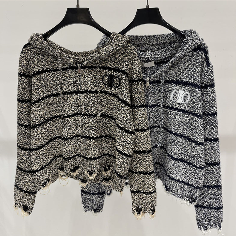 Street Style Women Hooded Knit Jacket Vintage Striped Hollow Out Tassels Hem Zipper Up Cropped Outwear Autumn Outdoor Stroll Knit Cardigan