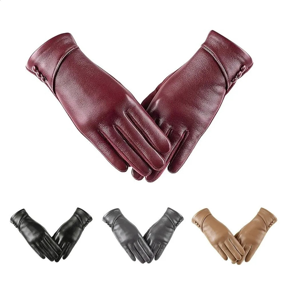 Simple Solid Color Full Finger Mittens Button Thickened Women Leather Gloves Windproof Keep Warm Touch Screen Outdooor 260916