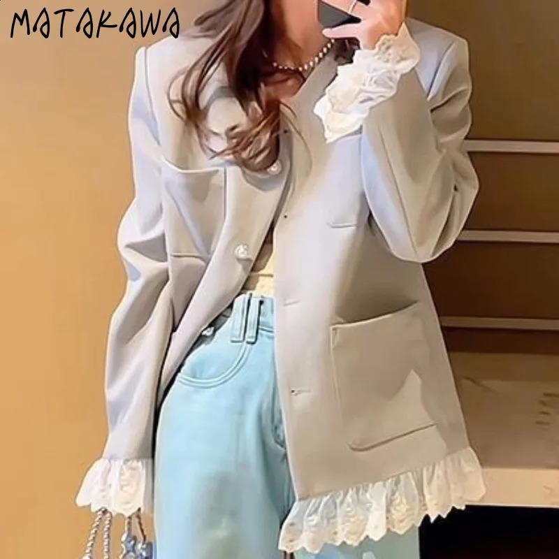 Matakawa Lace Patchwork Blazer Mujer Sweet Ruffles Korean Fashion Women Blazers Spring Autumn Versatile Elegant Chaquetas 260917