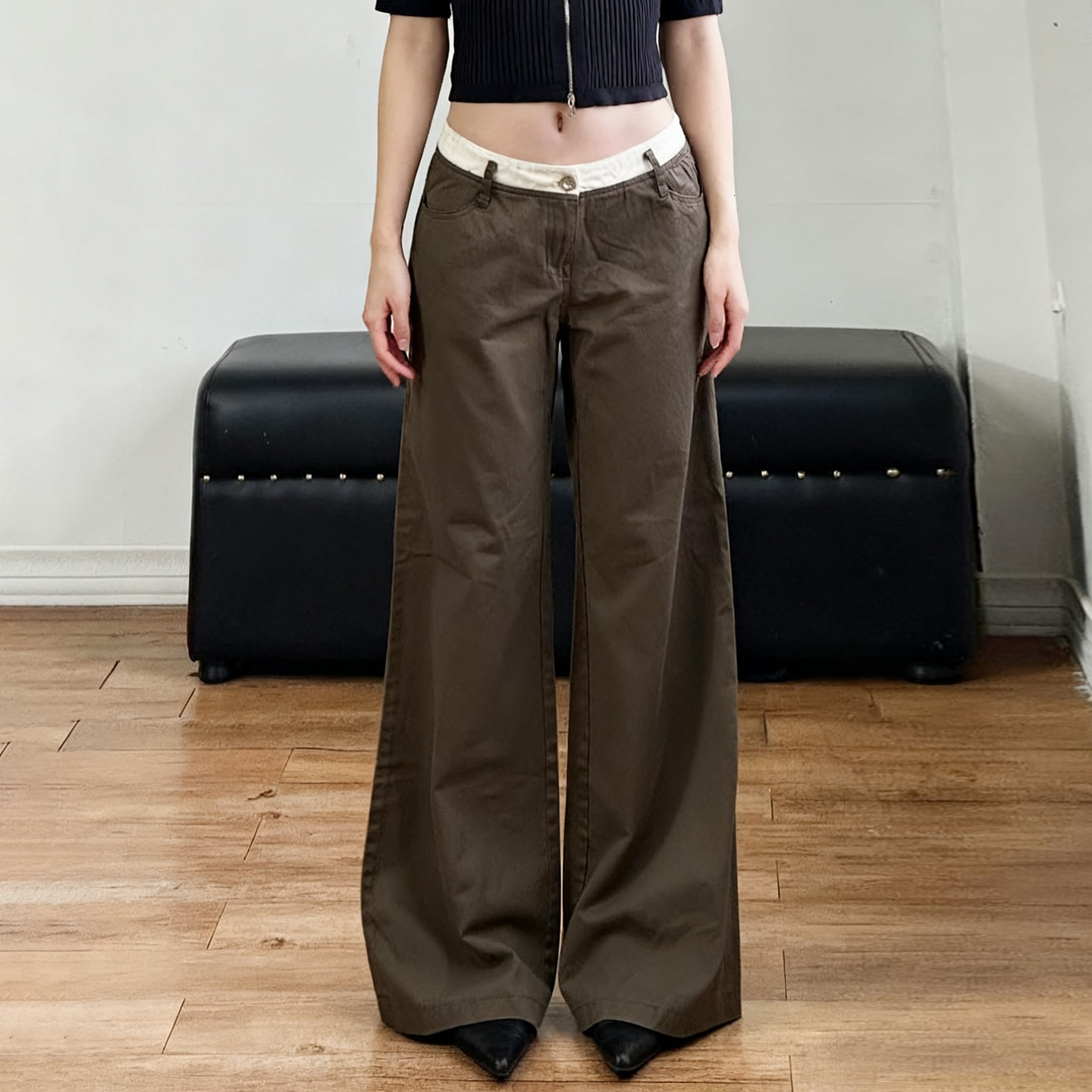 American retro street style, color-blocked waistband, stylish and elegant long for women, autumn casual low-waist loose-fitting denim pants cb