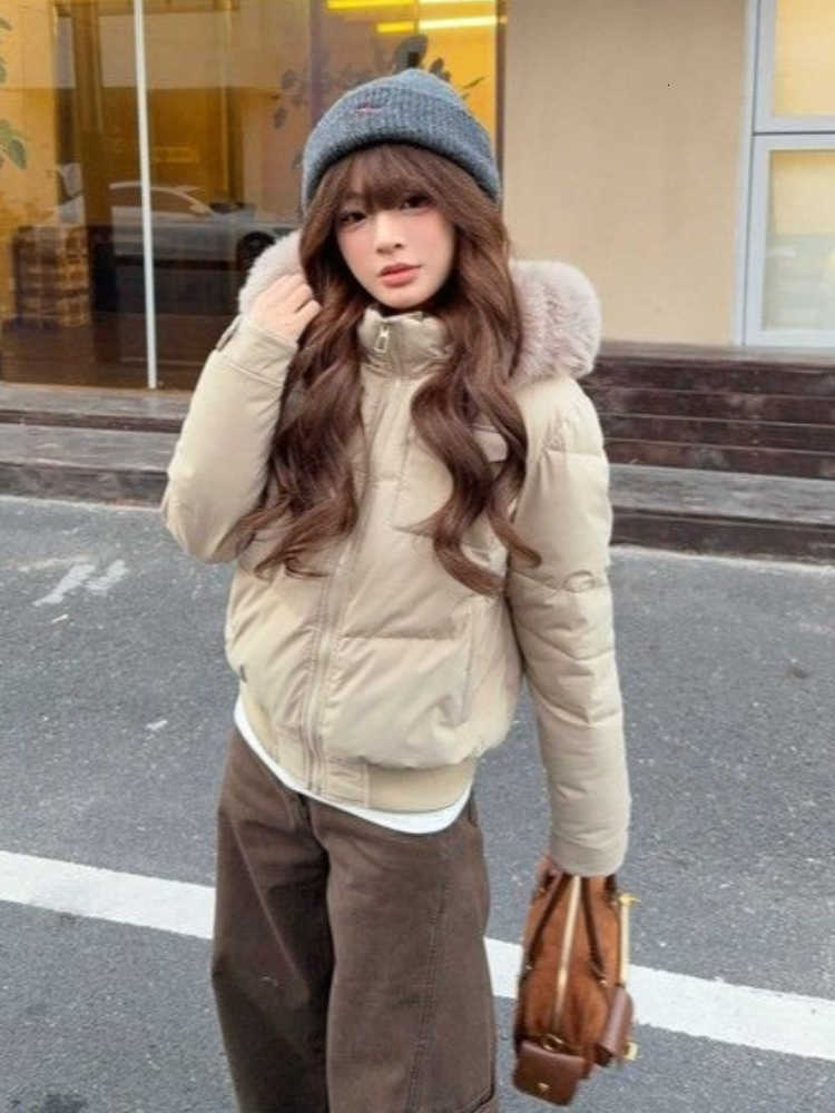 Korean Fashion Cropped Hooded Elegant Puffer Parka Women Fur Trim Slim Waist Thick Fleece Lined Winter Streetwear Outfit 2026 H260917