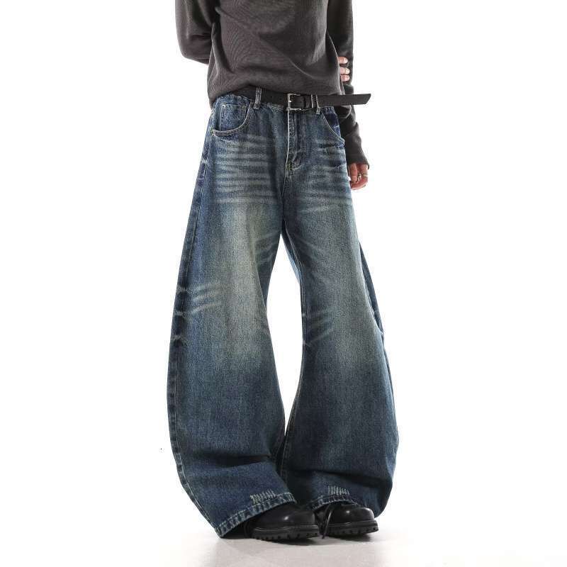 Designer Vintage Washed Blue Cat Whiskers Scimitar Jeans for Men and Women, Slightly Flared Loose Wide-Leg Floor-Length Scythe Pants, Straight-Leg H
