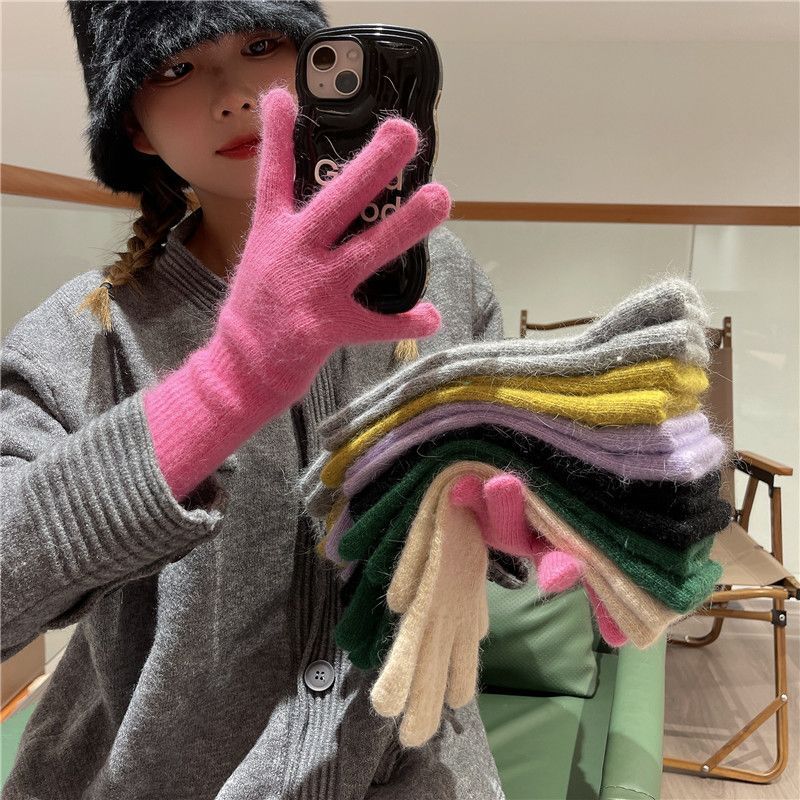 Korean-style, Instagram-inspired, adorable, warm, knitted wool gloves, long version, thickened, pink, soft, and designed to keep you warm