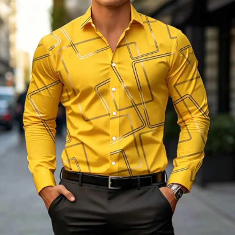 Men's long sved shirt business casual trend geometric box lines printed collar men's slim fit cardigan top paired with c Q260917