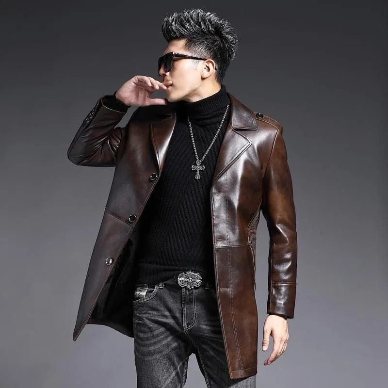 Men's Leather Jacket Slim Stylish Genuine Trench Coat Sheepskin Midlength Suit Collar Young Autumn Light 260916