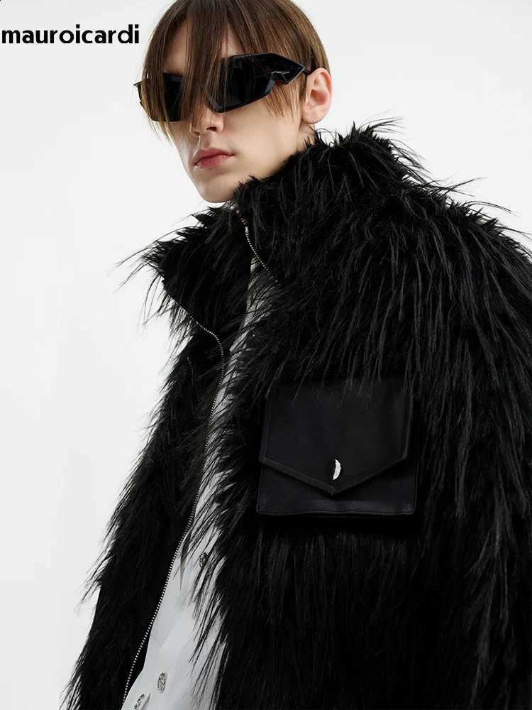 Winter Cool Handsome Black Mauroicardi Thick Warm Soft Patchwork Faux Fur Coat Men Designer Clothing Fluffy Jacket 2023 W260915