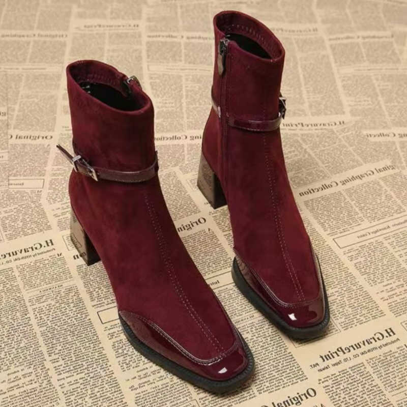 Suede Patchwork Square Toe 2026Winter Ankle Boots fashionable Thick-Soled Motorcycle Boots Trendy New Women Casual Chelsea Boots D260917