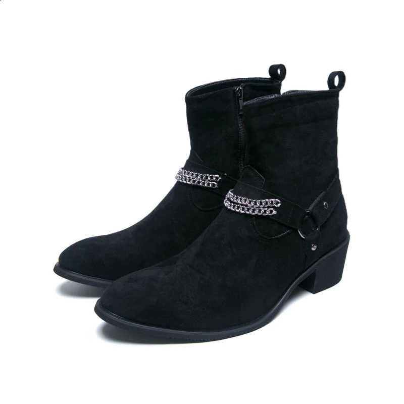 New Designer Winter High Tops Pointed Punk Hip-hop Metal Chain Leather Chelsea Ankle Boots For Men's Flats Black Brown Shoes D2609171