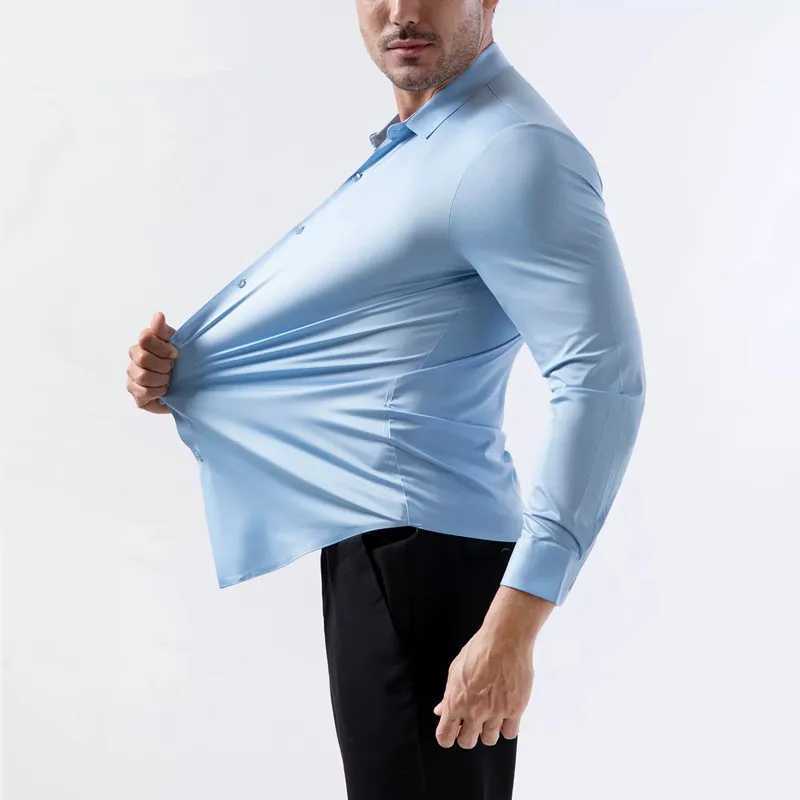 100KG Non-Iron Four-way High Stretch Men's Long Sve Shirt Silky Soft Sommth Blue Black Business Party Wedding Male Clothing Q260917