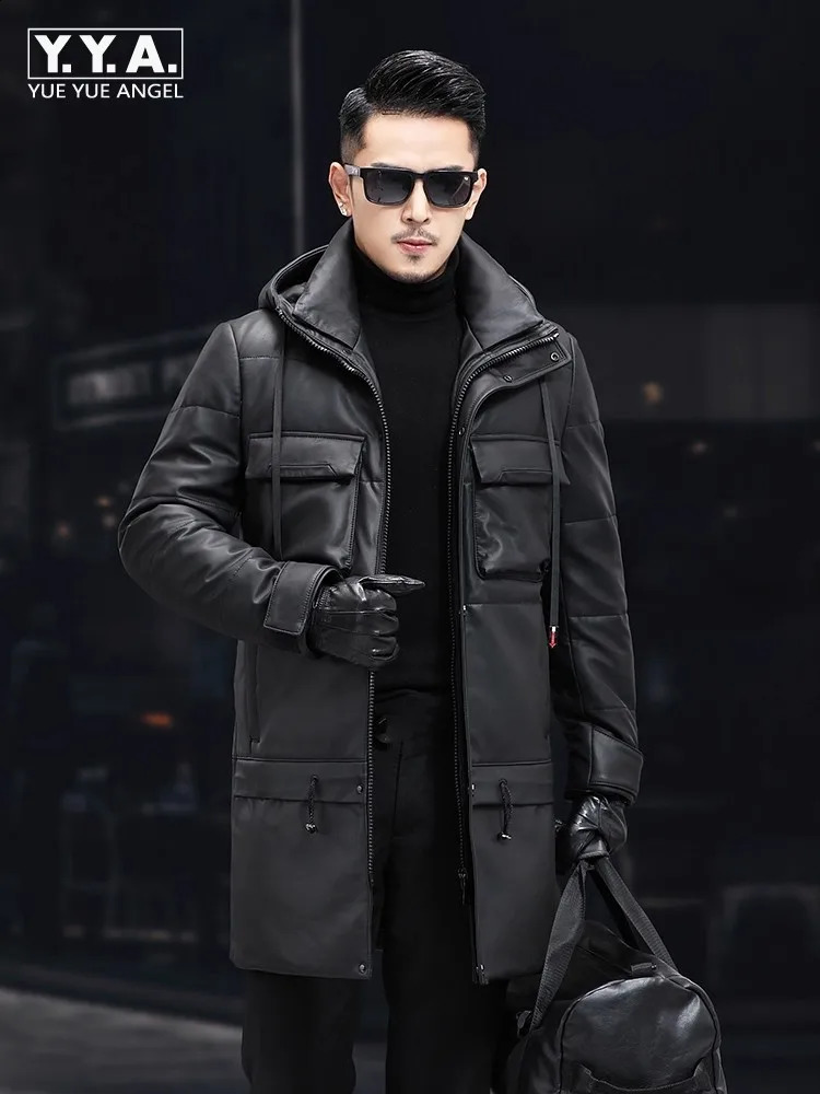 Winter y Genuine Leather Men Down Jacket Zipper Hooded Long Coat Business Casual Multi Pocket Jackets Sheepskin Warm Coats 260917