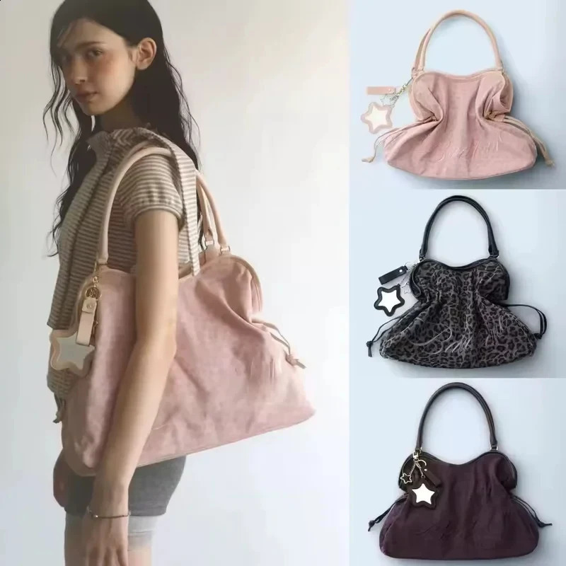 Korean BadBlue Embroidered Leopard Print Tote Bag Large Capacity Shoulder Bag with Star Mirror Pendant Y2K Trendy Women Handbag 260916