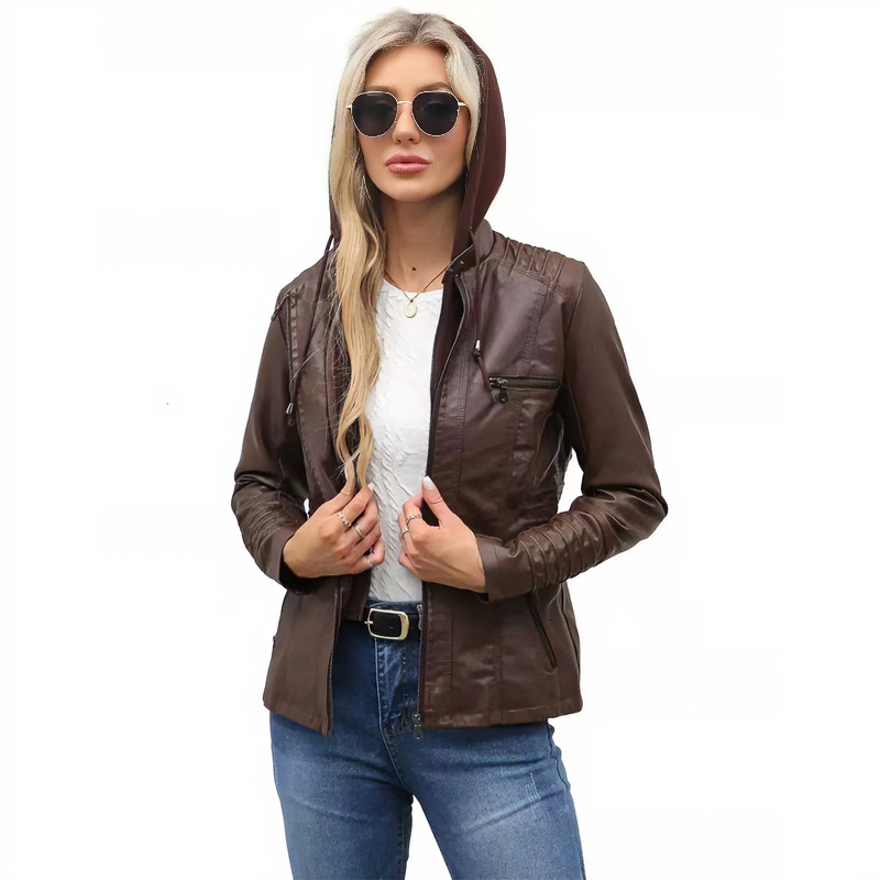 NewNF Short Women's vintage Leather Coat Slim Fit Flip Collar Motorcycle Suit Diagonal Zipper Jacket Long Sleeve Customize