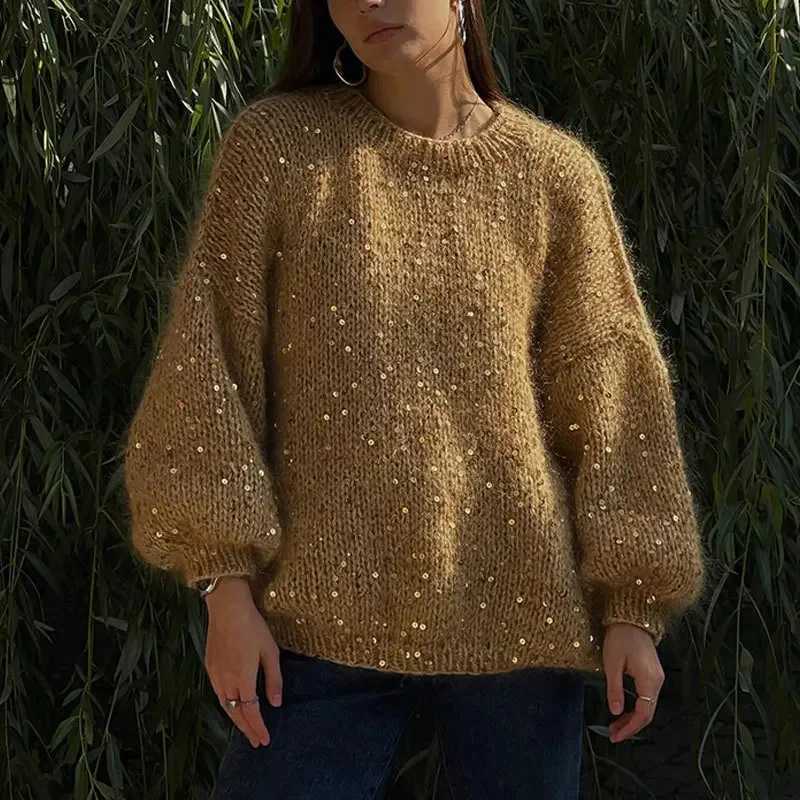 Knitted Solid Sequined Mohair Pullover Women Chic Long Sleeve O Neck Loose Sweater Autumn Winter Lady Casual Street Knitwear Top J260916