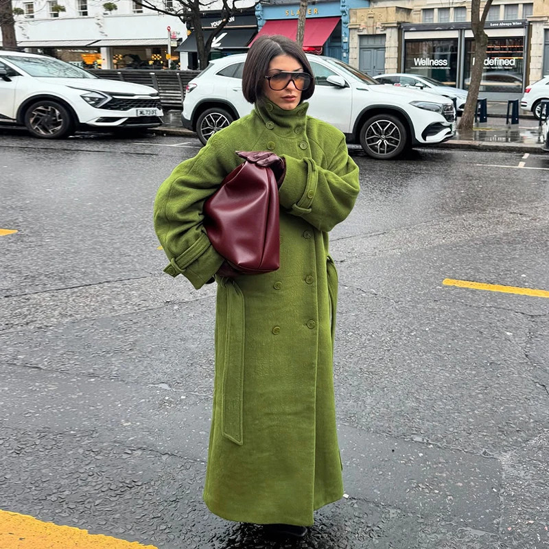 Women's High Stand Collar Double Breasted Woolen Overcoat Belted Waist Maxi Long Cuff Strap Loose Solid Coat Winter Urban Coats 260917