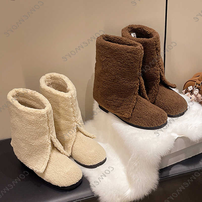 Boots Comemore Snow Winter Warm for Women Casual Flat Solid Color Faux Fur Lined Plush Mid Calf Booties SlipCotton Shoes D260917