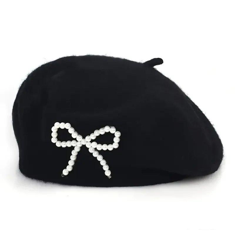 Elegant Windproof Beret Womens Autumn Winter Hat with Pearl Decoration