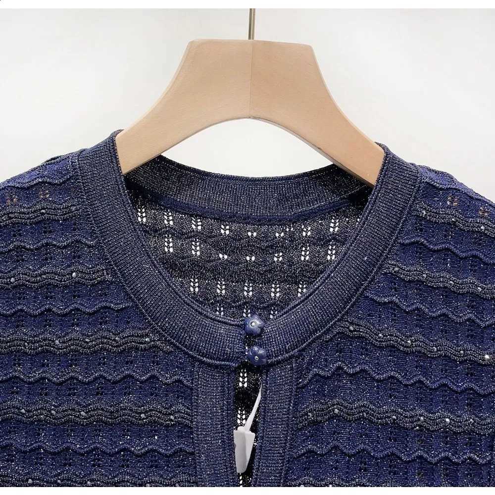 Diamond Embellished Women Sparkling Knitted Dress Hollow Out Elegant Female O-Neck Navy Blue Single Breasted Knit Midi Robe C260917