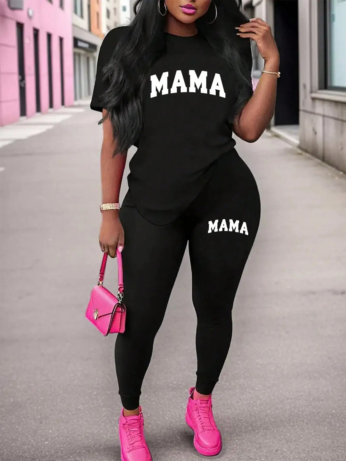 2026 Women's Casual SpringSummer Two Piece Set Round Neck Letter Printed Short Sleeve Tshirt and Pants 260917