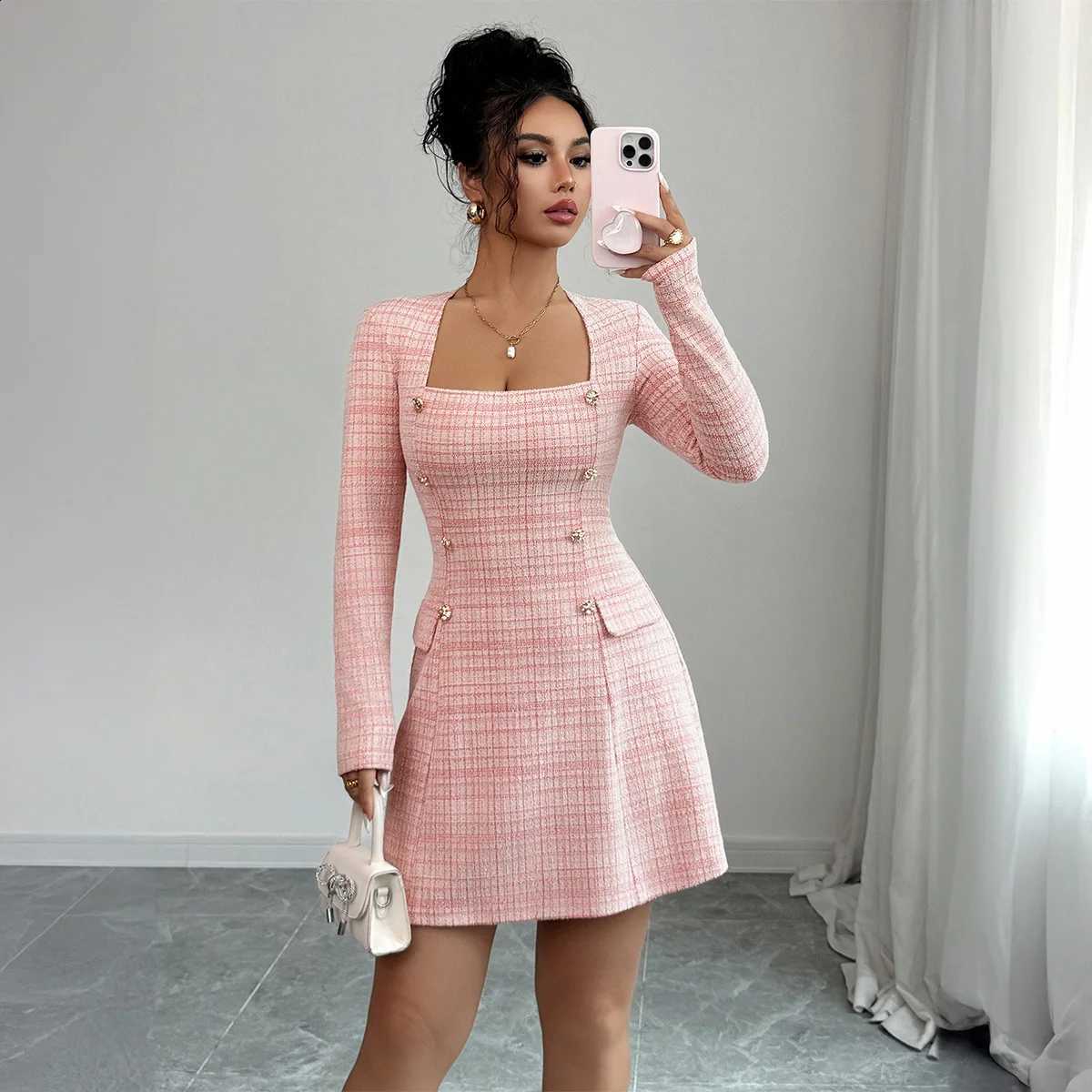 Button Pink Plaid Short Dresses Spuare Collar Slim A Line Skirts Fashion Long Sleeves Party Dresses Autumn Women's Evening Dress C260917