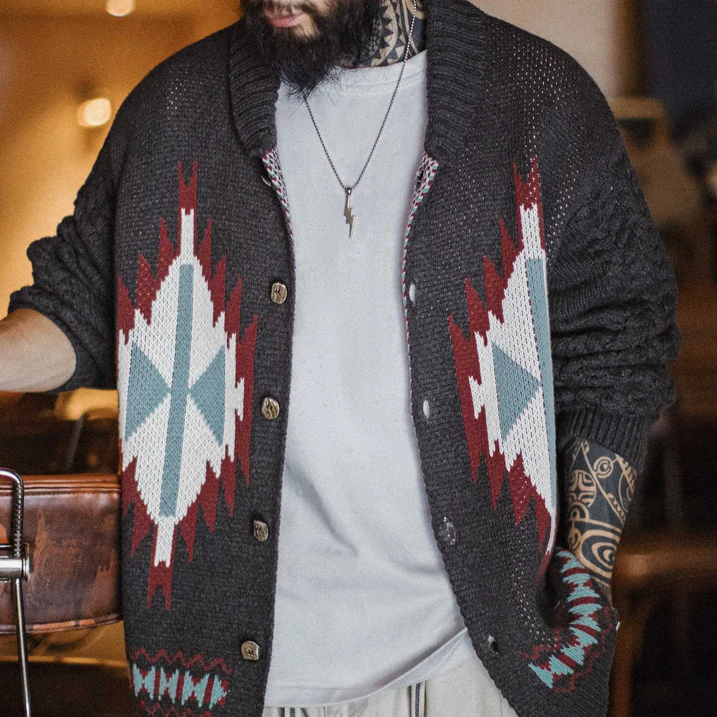 Shawl Maden Coan Mens Retro Collar Cardigan Jacquard Knit Native Style Jacket Single-Breasted Fall and Winter Sweater CoatW260915