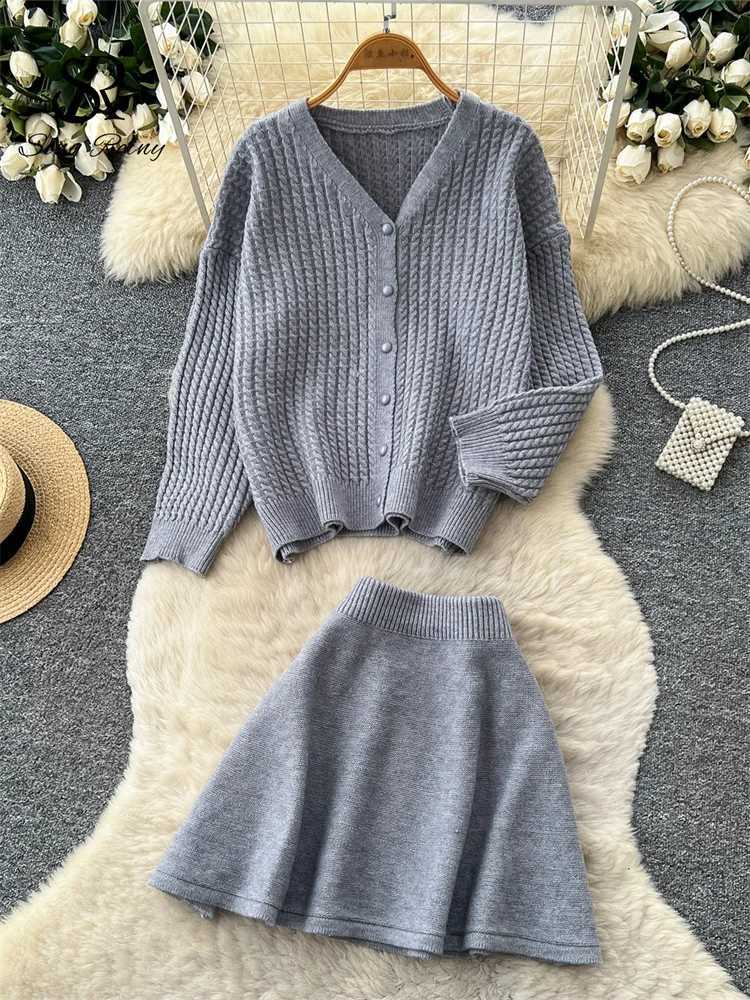 Korean Knit SINGREINY Casual Autumn Suits Women Texture V Neck Loose Cardigan+A-line Mini Skirt Clean Simple Daily 2Pcs SetW260915