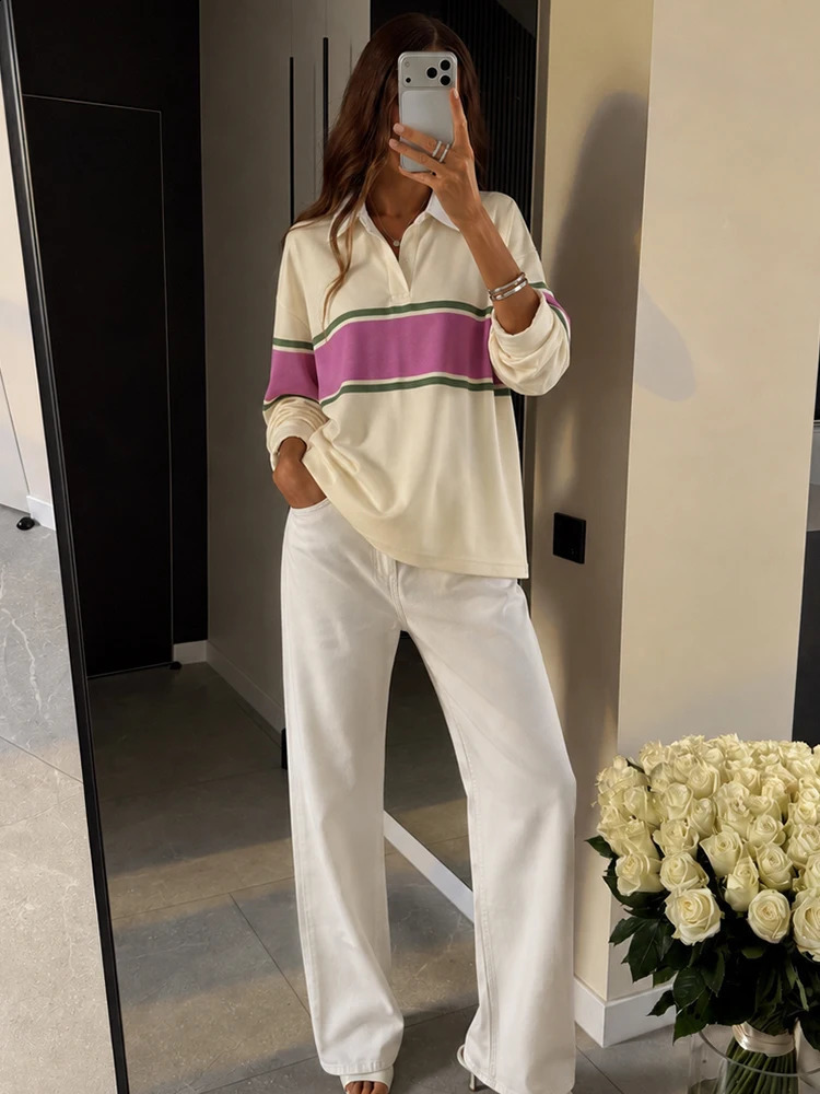 HH Casual Patchwork Striped POLO Shirt For Womens Soft Longsleeve Contrasting Fabric Detail Lapel Pullover Female Chic Tops 260916