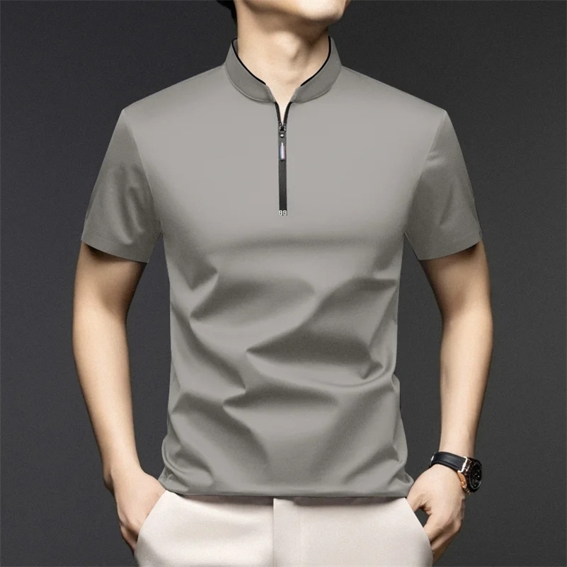 Men's Casual Fashion Zipper Solid Color Short Sleeved Polo Shirt Stand Up Collar Versatile Comfortable Top 260916ww