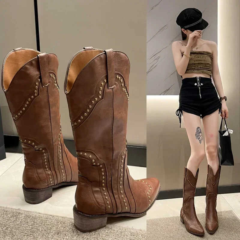 Calf Mid Boots for Women 2024 Autumn Chunky Heels Western Boots Woman SlipPointed Toe Cow Boras D260917