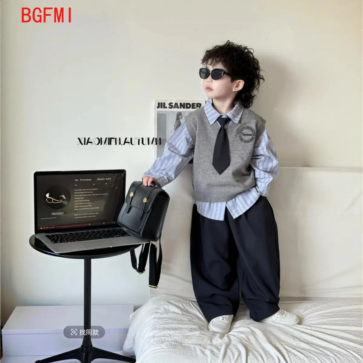 Boys College Style Set 2026 Spring Autumn Children's Blue Stripe Shirt Sweater Vest Black Casual Pants Korean 3pcs Sets 260916