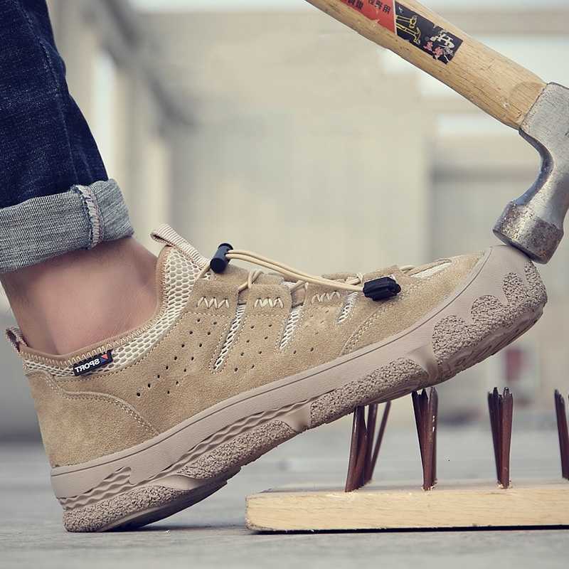 breathable men's leisure plus size work shoes summer steel toe cap safety shoe cow leather platform security boots safe sneakers D260917