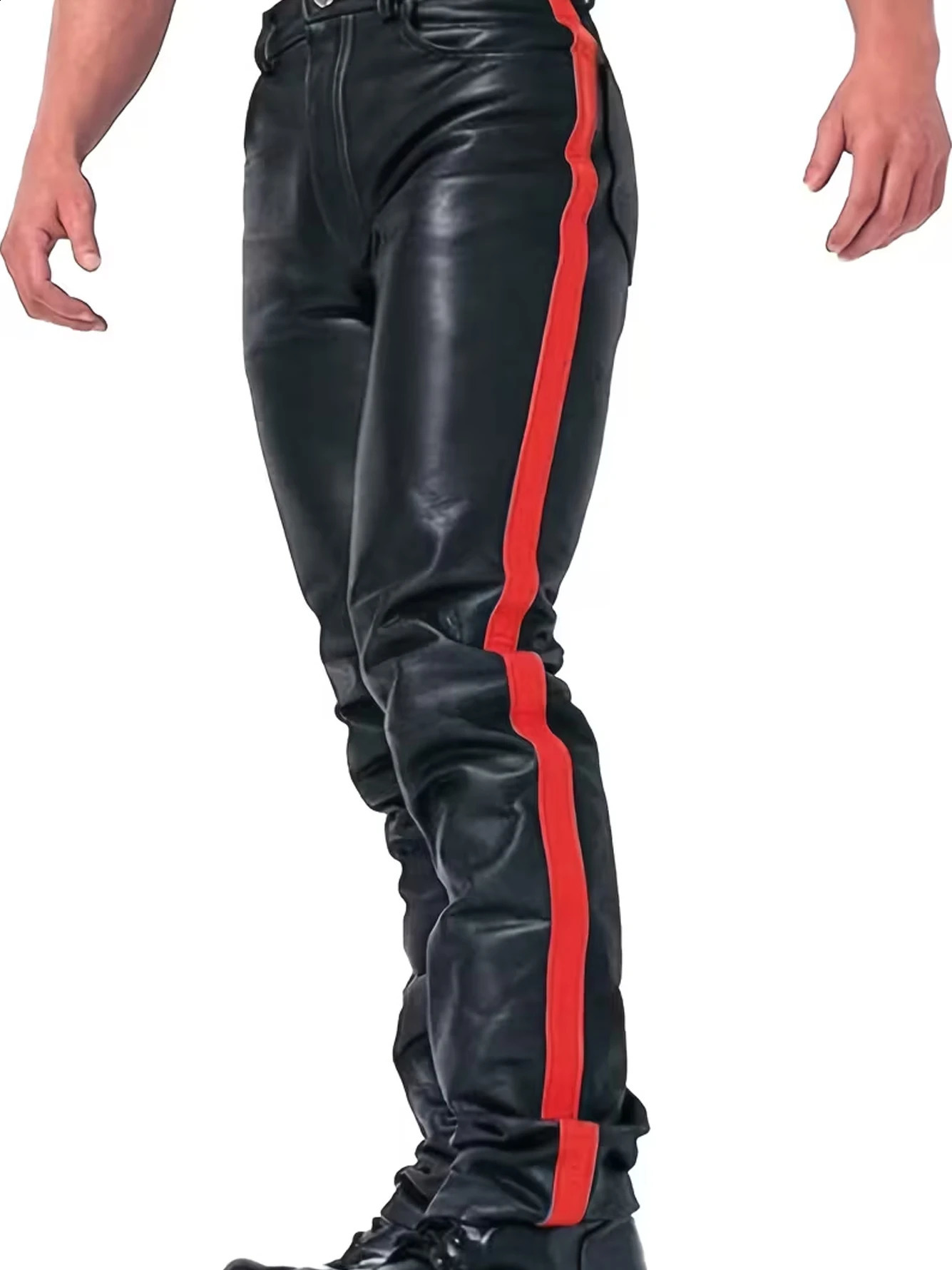 Men's Full-Length Motorcycle Biker Pants - Stretchy PU Leather with Color-Block Patchwork Cone-Shaped Slim Fit for Winter/Aut 260916