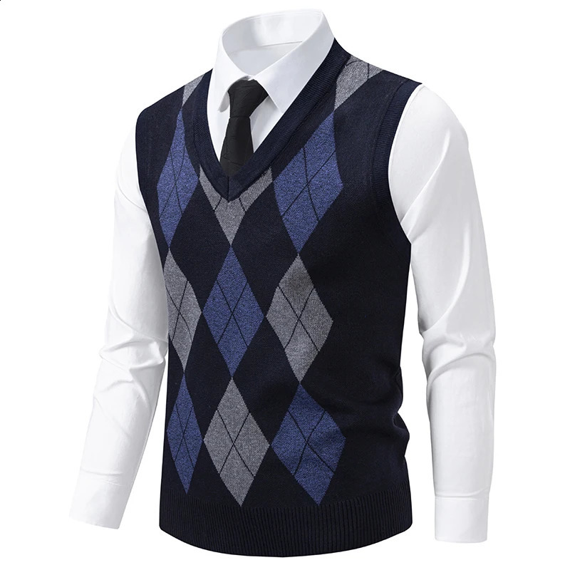 Men's Knit Vest Fashion Sweater Vest Argyle Pattern Waistcoat Fleece Lined Warm Vests 260916