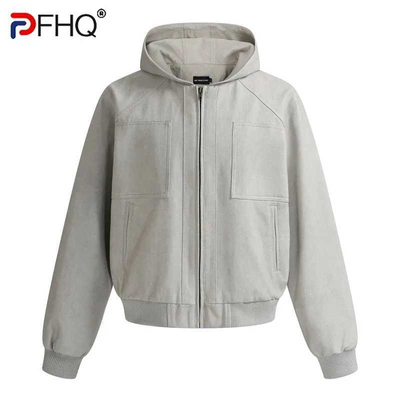 PFHQ American Vintage Strt Zip Up Men Hooded Bomber Jacket Autumn Versatile Loose Pocket Outerwear Casual Flight Coat 21P4888 S2609171Y0K