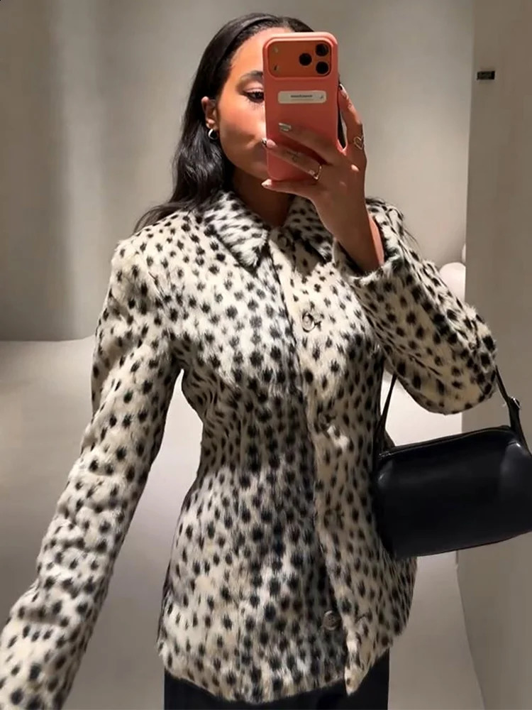 Womens Jacket Leopard Print Faux Fur Jacket Cropped Top Lapel SingleButton Coat SlimFit Coats Outerwear Autumn Winter Clothes 260916
