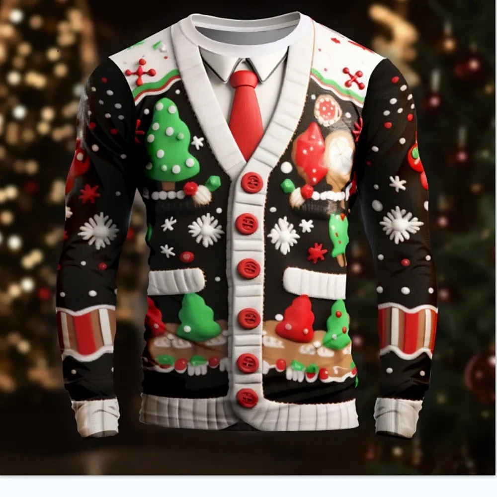Christmas Snowflake Pattern men's T-shirt Casual Loose Round Neck Oversize Long Sleeve Tops Street Fashion n men's T-shirts 260917
