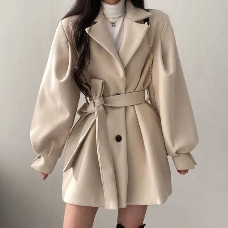 Coat Elegant Apricot Thickened Woolen Medium Long Styles Lapels Slimming Lace Up with Buttons Windbreaker Women's Jacket Black H260917