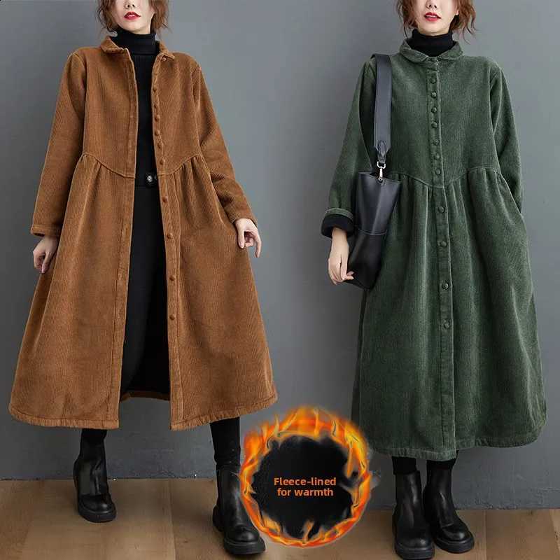 plus Size Casual Slimming Autumn Winter Fce Long Sve Vintage Loose Velvet Women's Jaet Thiened Cotton Double Collar H260917