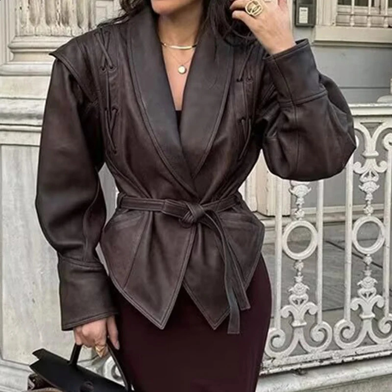 Leather Jackets Women's With Belt Fur Coat Streetwear Fashion Solid Outwear Woman Elegant Jackets Chaqueta De Cuero Para Mujer 260916