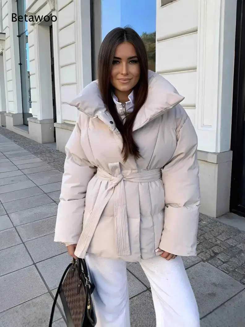 Belted Puffer Coat Women High Collar Long Sleeve Warm Winter Outerwear for Women Casual City Street Outfit H260917