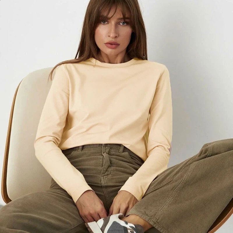 100 Cotton Long Sleeve T Shirt Spring Autumn Tee Women Casual Plain Tops Solid T-shirts Female Basic Clothing 250gsm 8.8oz 260917