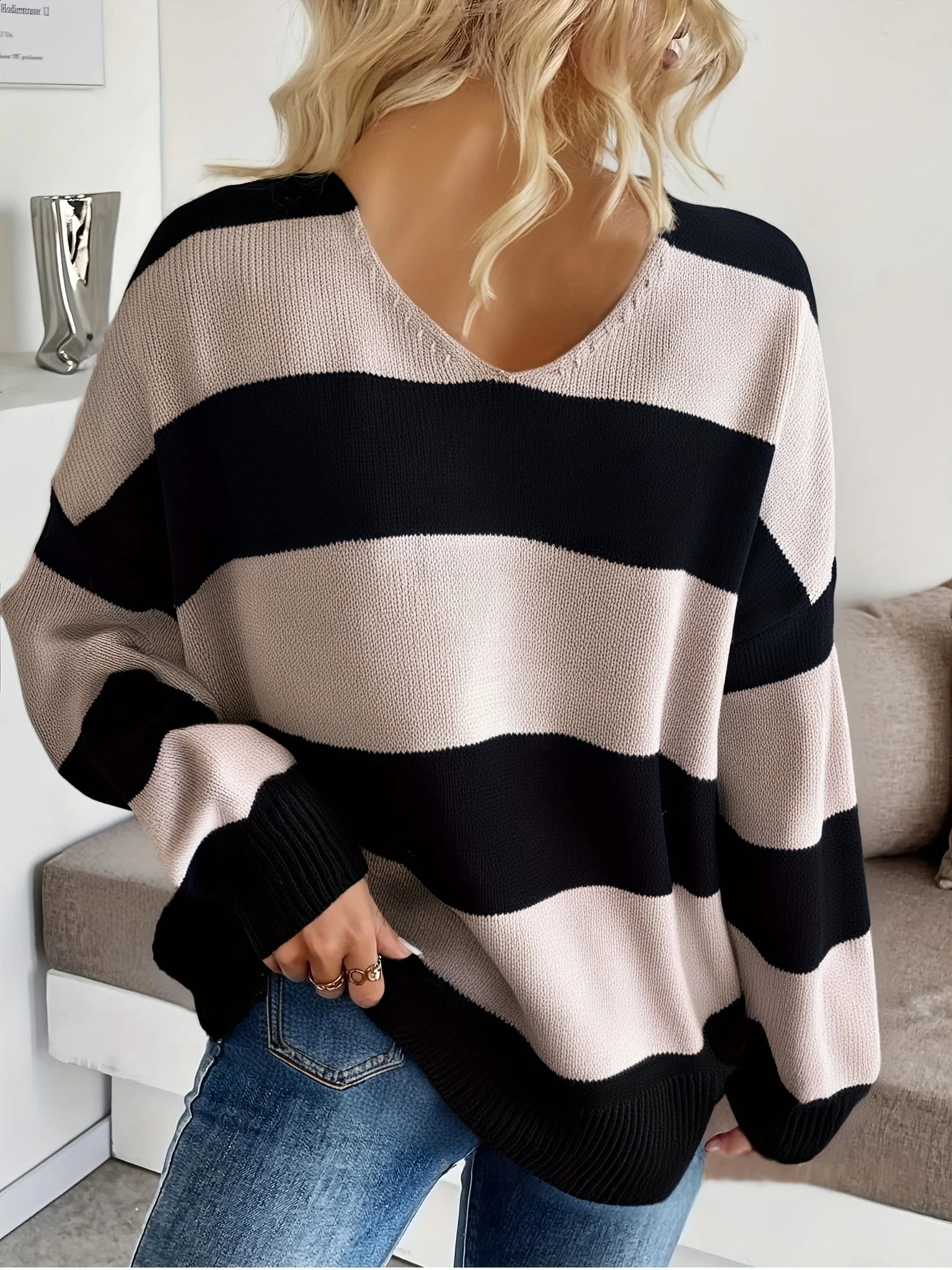 Plus Size V Neck Sweater Women Color Block Striped Loose Fit Knitted Pullover Long Sleeve Oversized Baggy Casual Autumn Winter 260917