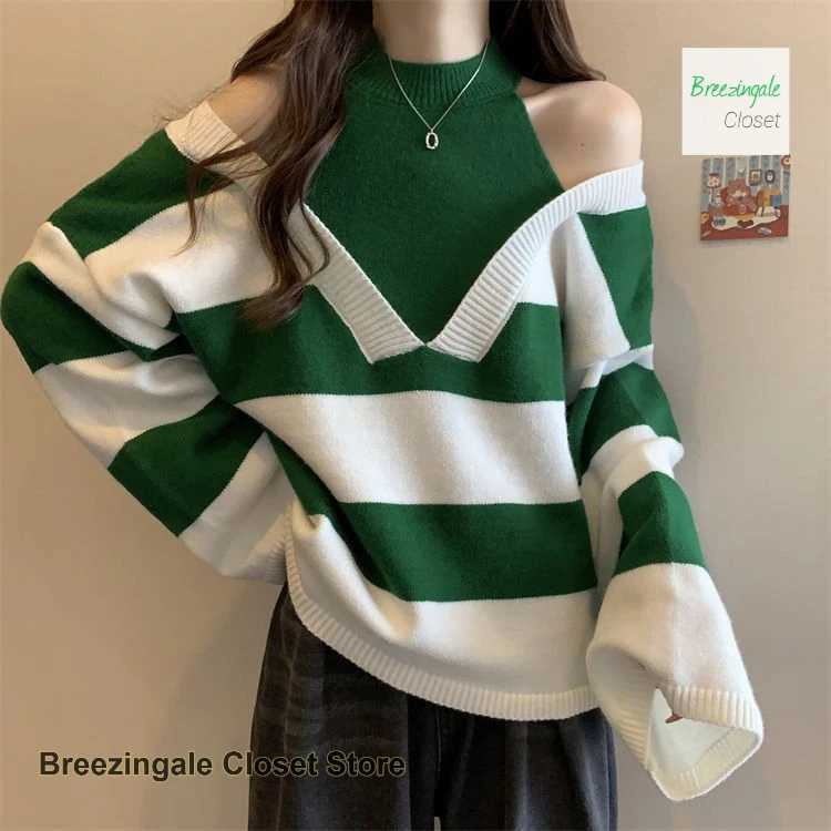 Korean fake two-piece off-the-shoulder long-slved pullover sweater for women in autumn and winter new loose casual tops S260917QZ1X