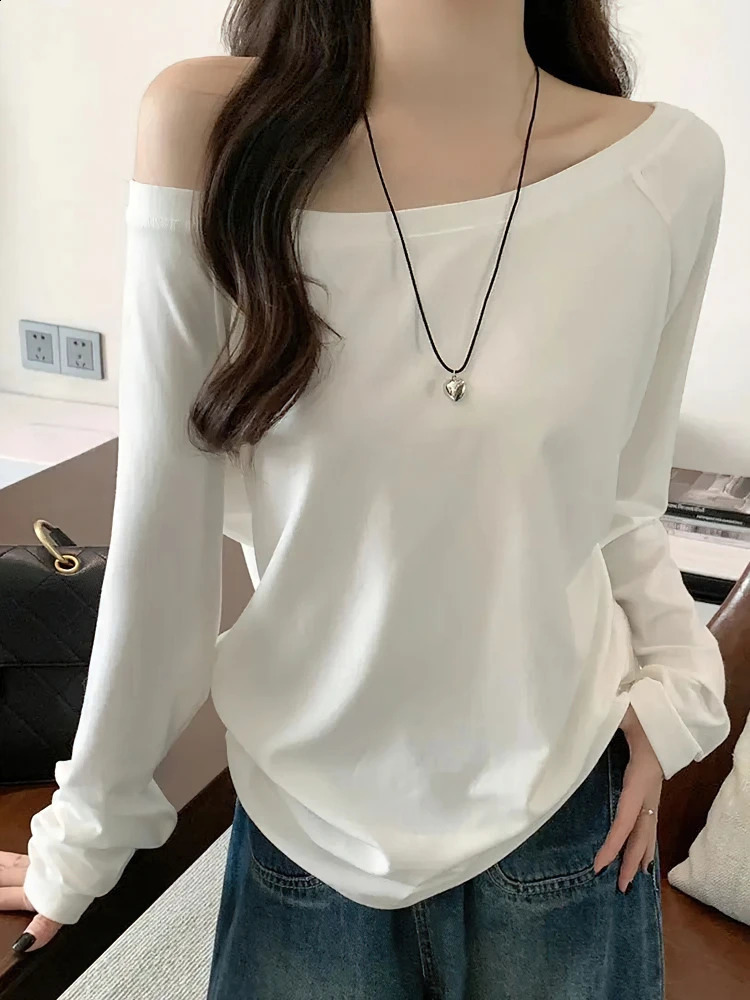 Oversize Off Shoulder Long Sleeve T Shirt Women Solid Color Casual Tops Lady Spring Autumn Basic Tees Korean Style Youth Blouses 260917