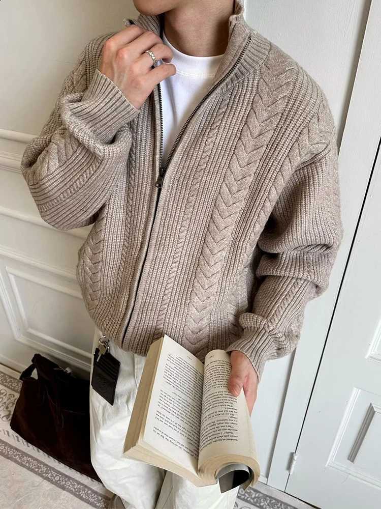 Textured Knit Outerwear Men Vintage Fall Winter Daily Casual Zipper Turtleneck Sweatercoats Mens Fashion Slim Knit Cardigans J260916