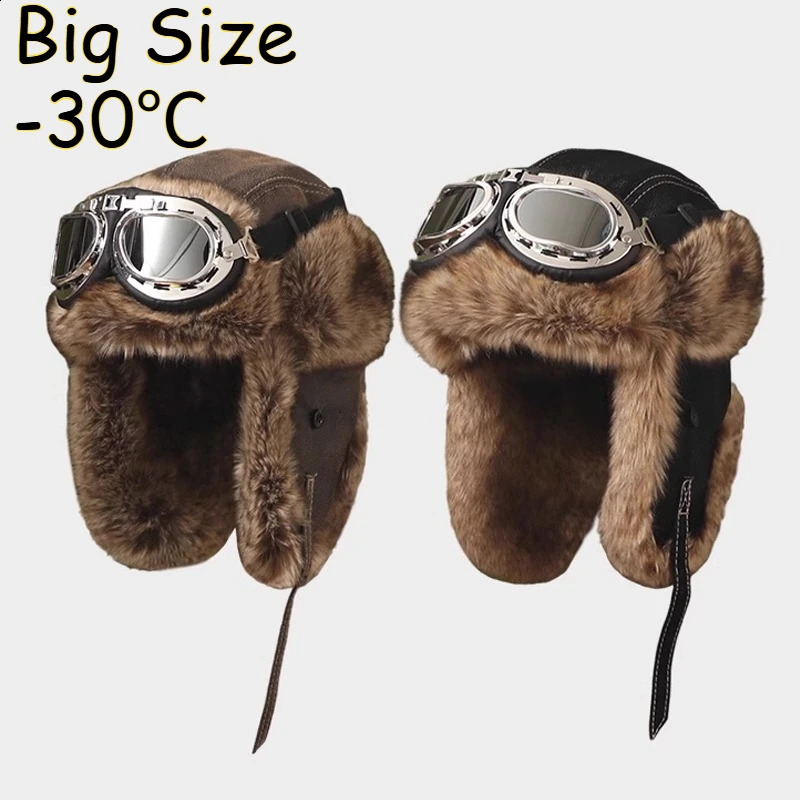 Big Size PU Bomber Hat Men with Glasses Pilot Trapper Hat Faux Fur Leather Snow Skiing Cap with Ear Flaps Thick Warm Hat260915