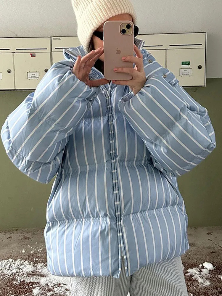 Striped Hooded Cotton Jacket Women Fashion Stand Collar Full Sleeve Zipper Pocket Warm Jackets Lady Winter Daily Street Coats 260917