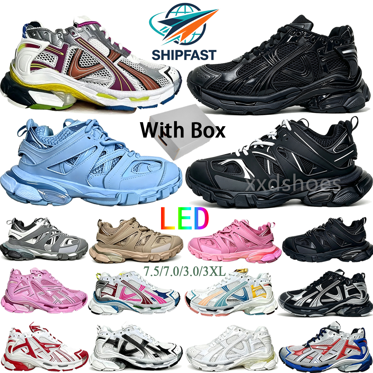 With Box 7.0 7.5 Designer Runners Shoes 3.0 Track LED 3XL Running Shoes Platform Men Women Sport Trainer Leather Trainer Printed Outdoor Sport Shoes